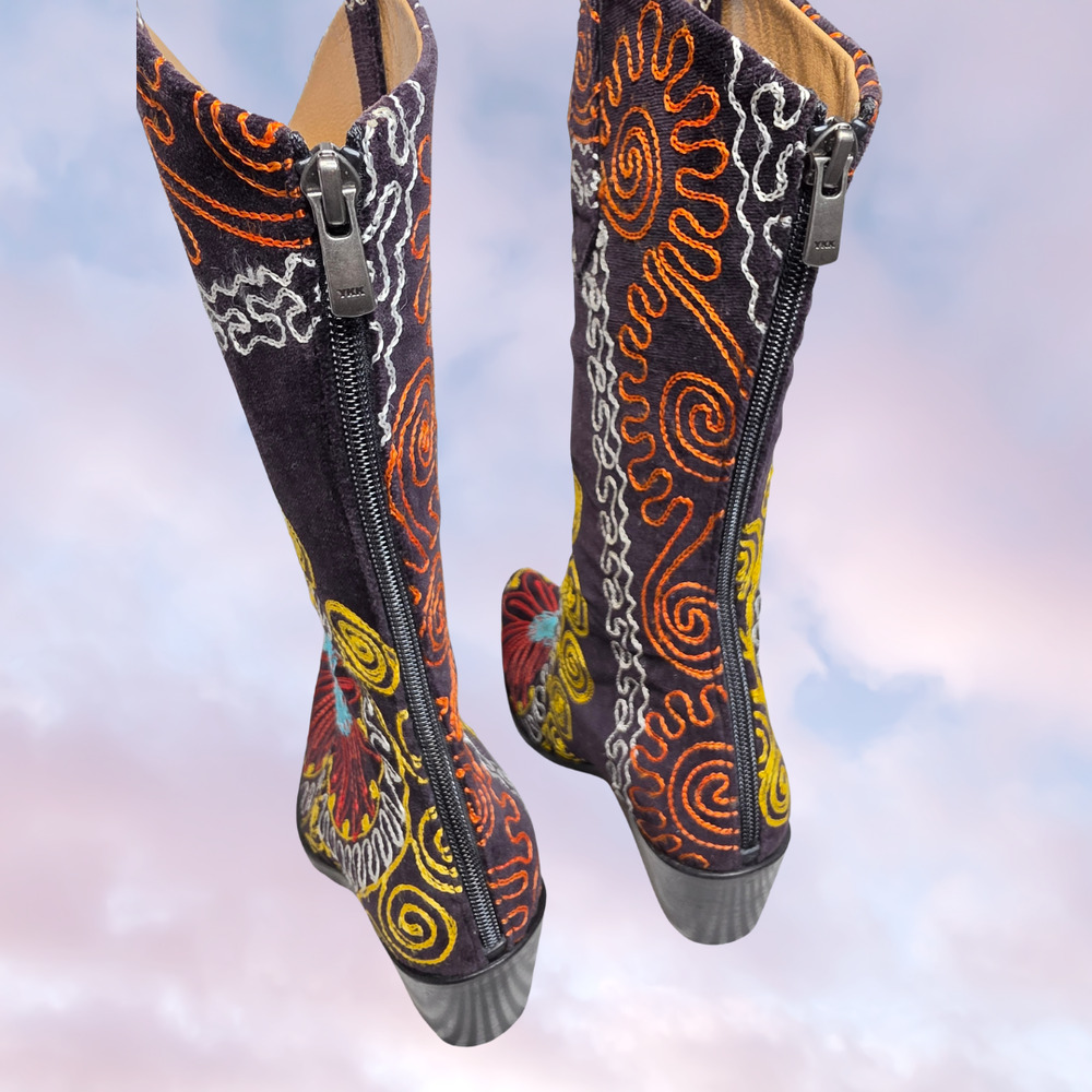 Velvet Road Black Colorful Pink Blue Yellow Floral Embroidered Western Boho Boot - Picture 7 of 9